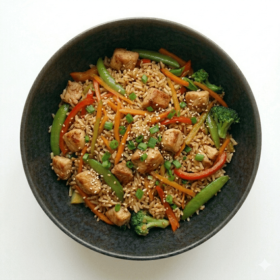 Rice WOK 🍚 with toppings                           from 
398 kcal · P: 32g · 380g