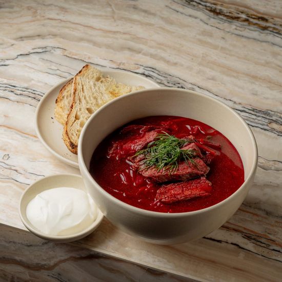 Beetroot soup with beef and sour cream (Borsh)