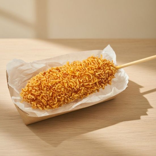 Корндог Super Crunch с сосиской и сыром внутри, в панировке из доширака