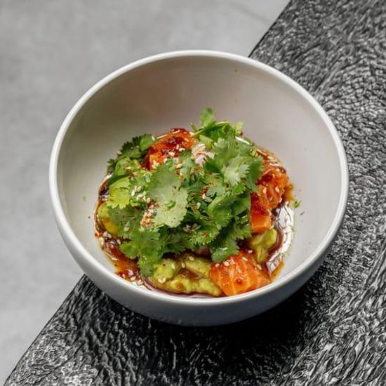 Salmon ceviche, mashed avocado