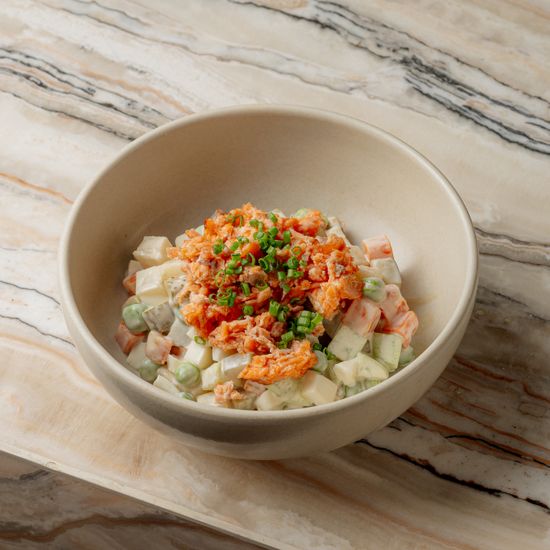 Salad Olivie with smoked salmon