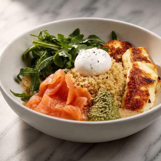 Bowl salmon, halloumi, pumpkin seed pesto, quinoa