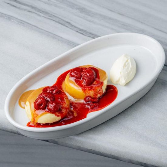 Syrniki, sour cream, miso caramel