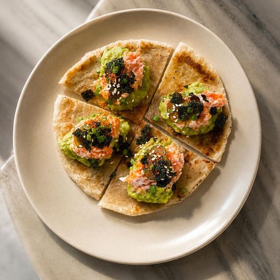 Roti, mashed avo, spice salmon