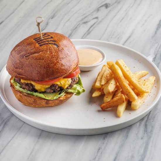 Margaret burger, french fries, spicy sauce