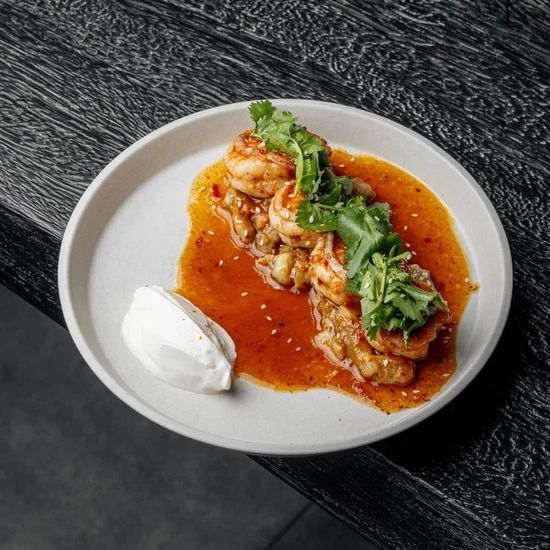 Miso-chilli eggplant, prawns, yogurt