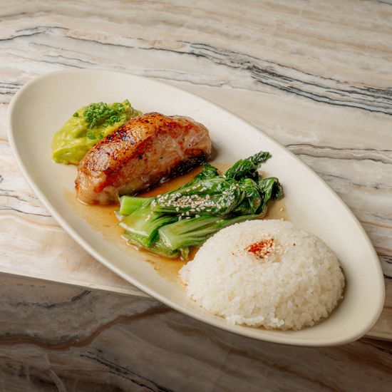 Miso salmon, bok choy, rice, ponzu-butter emulsion